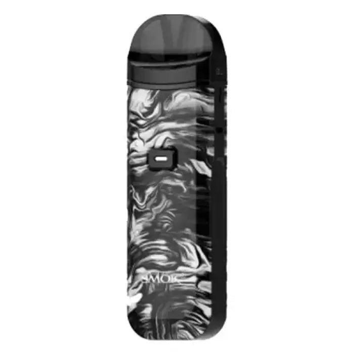 Vape device with a black and white swirled pattern design.