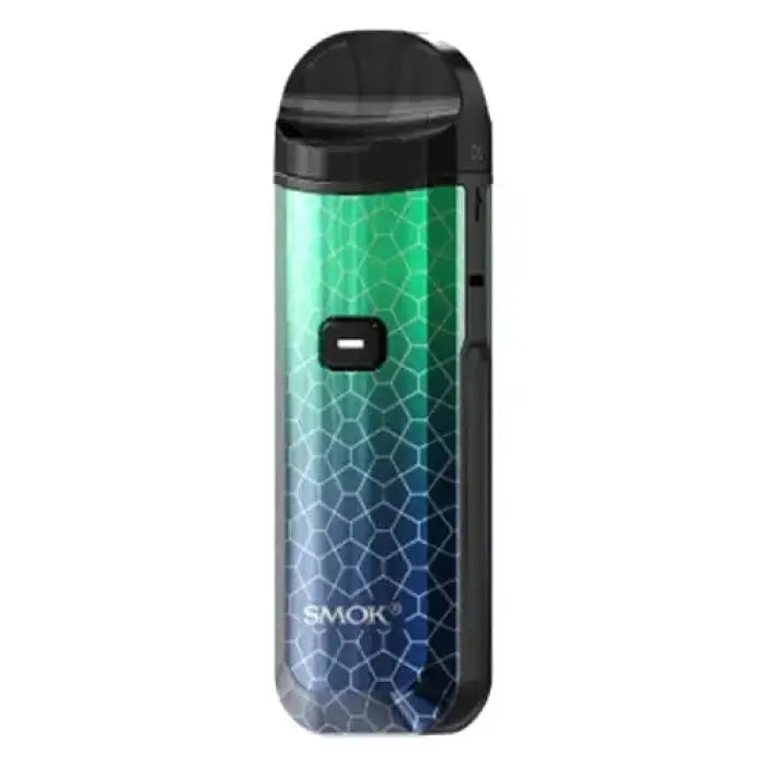 Vape device with a green-to-blue gradient pattern resembling a honeycomb or cellular structure.