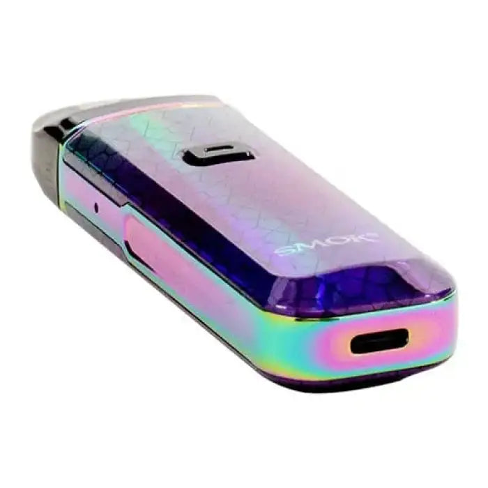 Iridescent electronic vaping device with a sleek, rectangular shape.