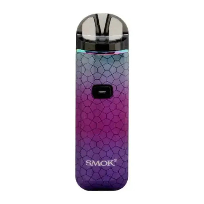 Vape device with a gradient purple-blue patterned body and black top.