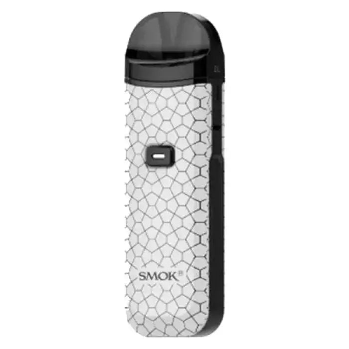 Vape device with a white patterned body and black mouthpiece.