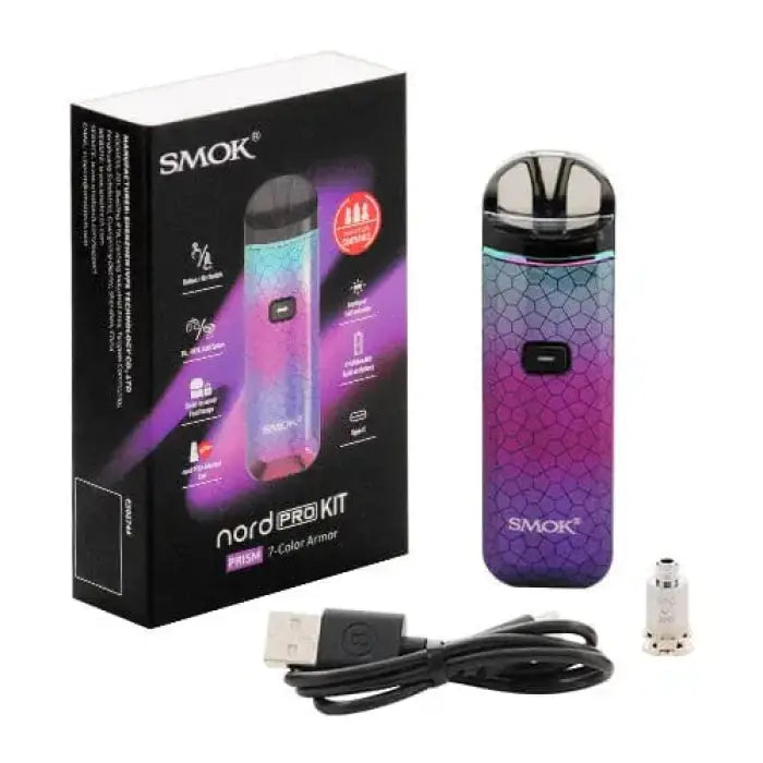 Electronic vaping device with a colorful gradient design and its packaging.