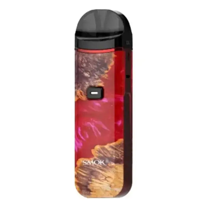 Colorful vape device with a red and gold swirled pattern on its body.