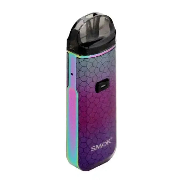 Colorful vape device with a gradient purple body and iridescent finish.