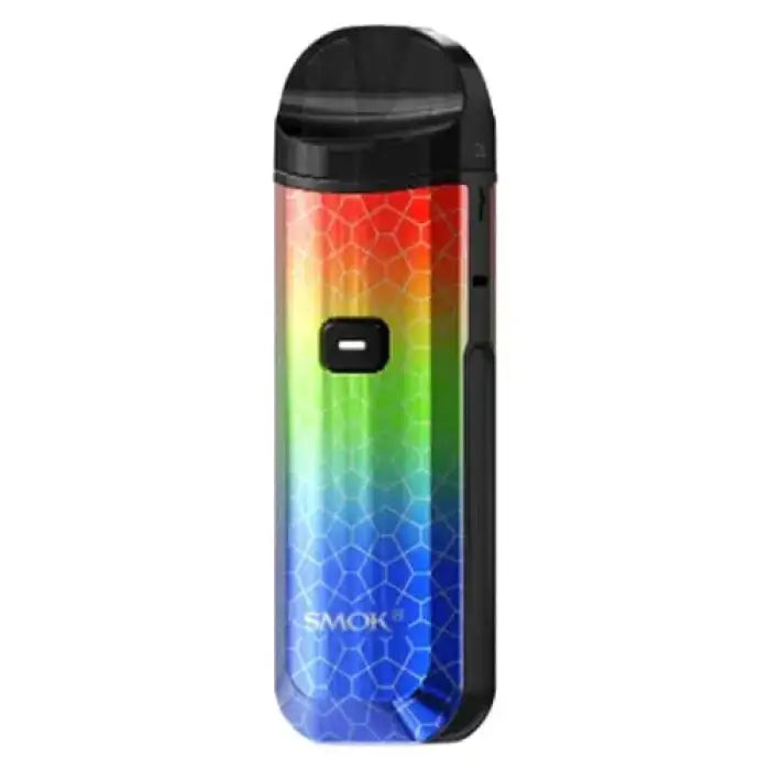 Rainbow-colored electronic vaping device with a honeycomb pattern design.