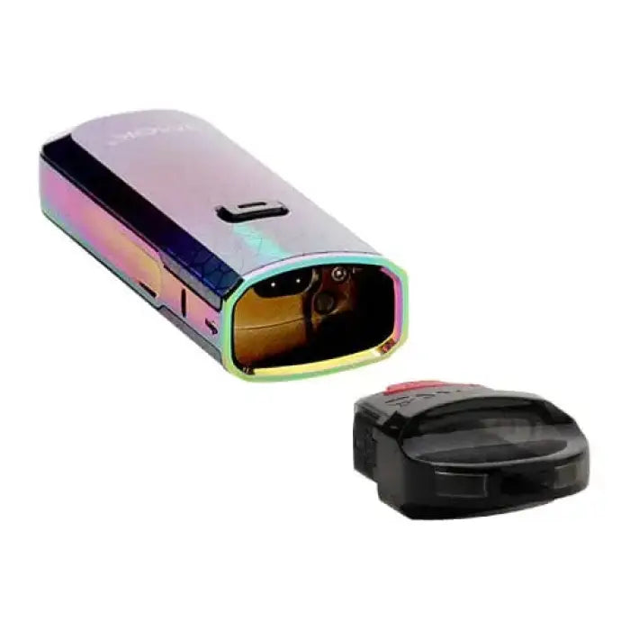 Iridescent electronic vaping device with a detached black cap.