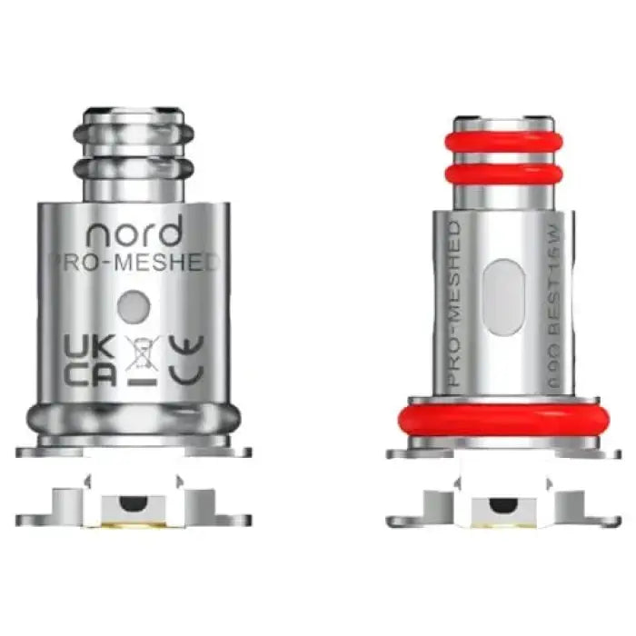 Two vaping coils or atomizer heads, one silver and one with red O-rings.