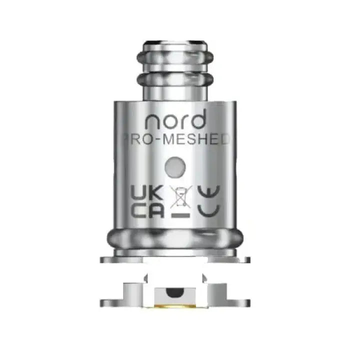 Metallic vaping coil or atomizer head with ’Nord RO-MESHED’ engraved on its surface.