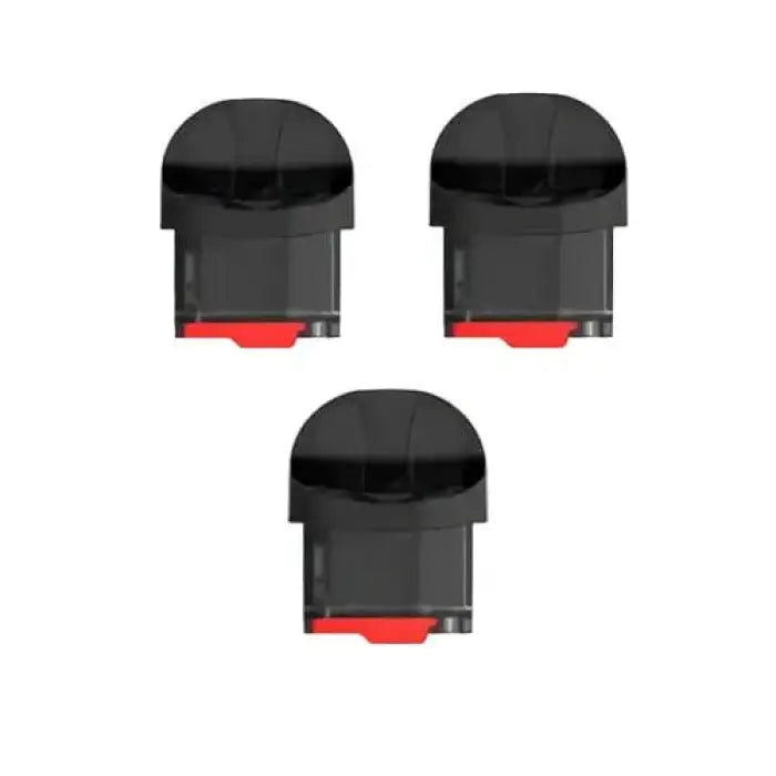 Three black and red vape pods or e-cigarette cartridges.