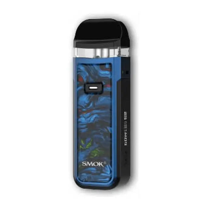 Electronic vaping device with a blue camouflage pattern visible through a clear window.