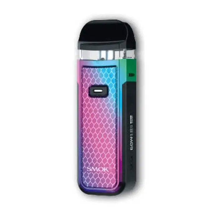 Colorful electronic vaping device with a textured, iridescent surface pattern.