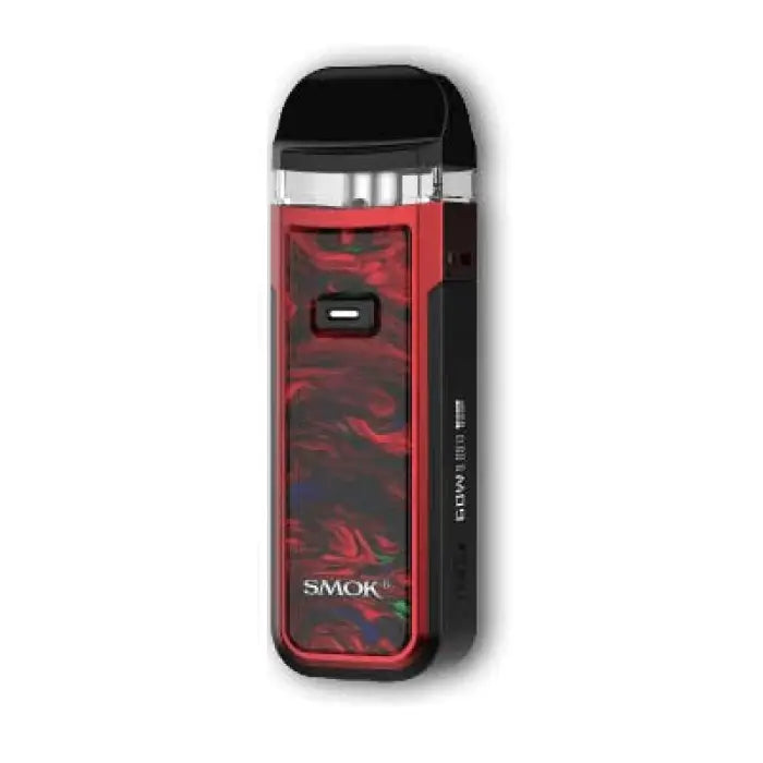 Sleek electronic vaping device with a red and black design.