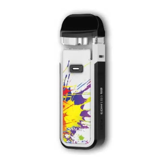 Vape device with a colorful splatter design on its body.