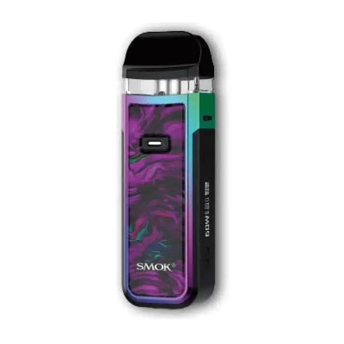 Colorful electronic vaping device with a purple and blue swirled pattern on its body.