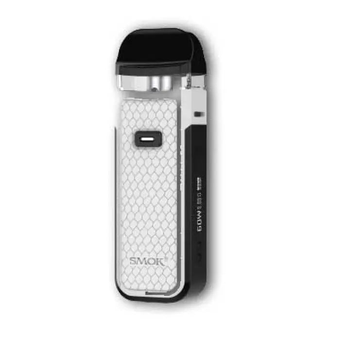 Electronic cigarette or vaping device with a white textured body and black accents.