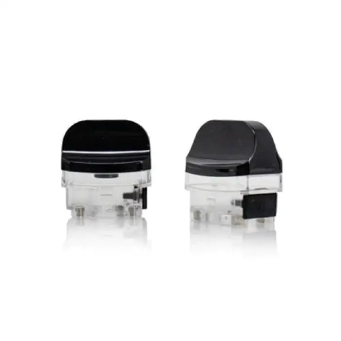 Replacement vape pods or cartridges with clear tanks and black mouthpieces.