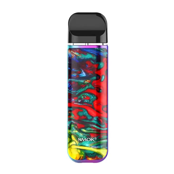 Colorful vape pen or e-cigarette device with a swirled, multi-hued pattern on its body.