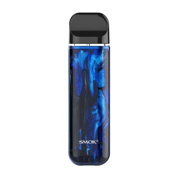 Electronic vaping device with a blue and black swirled pattern on its body.