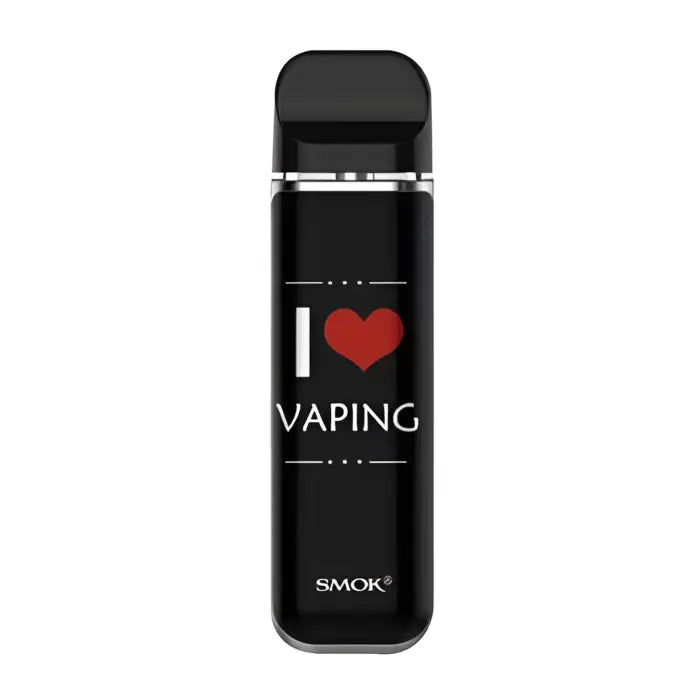 Black electronic vaping device with ’I ❤️ VAPING’ text displayed on its body.