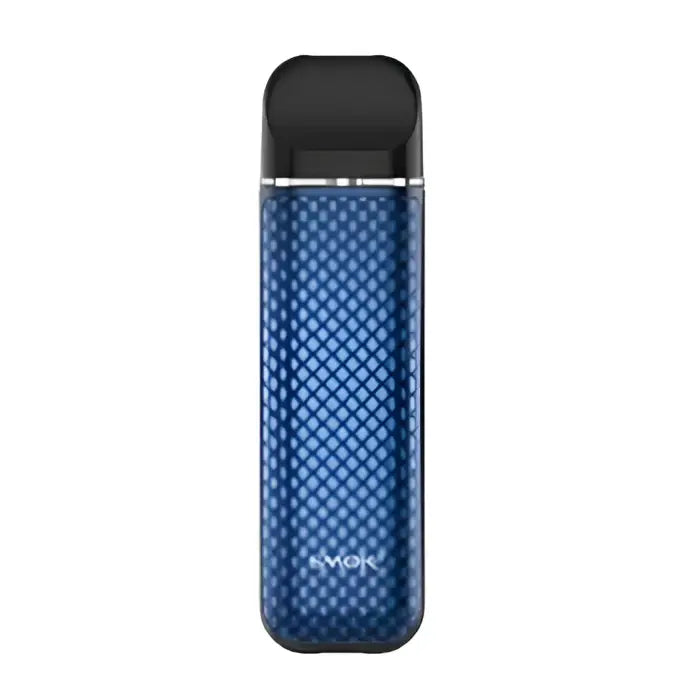 Blue and black electronic vaping device with a checkered pattern.