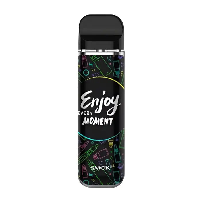 Electronic cigarette or vape device with a colorful patterned design and ’Enjoy every moment’ text.