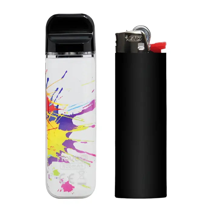 Electronic cigarette or vape device with a colorful paint splatter design on the body.