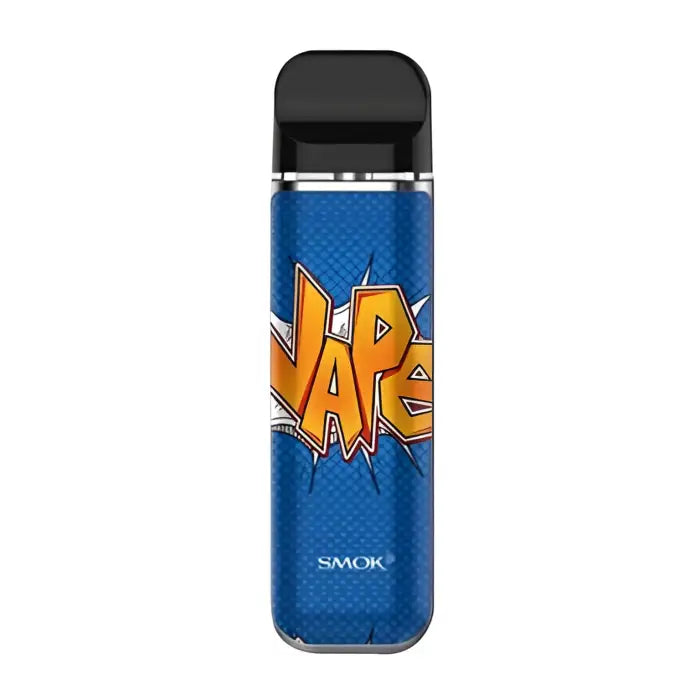 Electronic vaping device with a blue body and colorful ’VAPE’ graphic design.