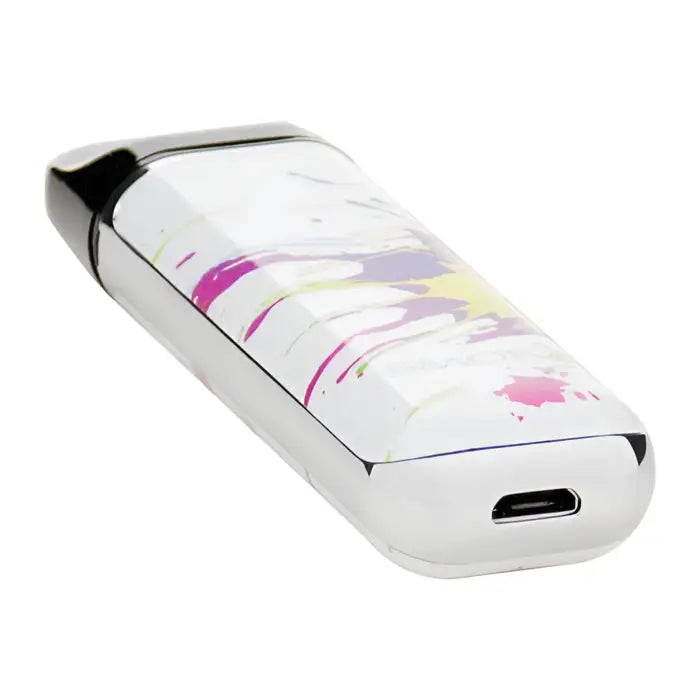 Portable electronic device with a white body and colorful splatter design.