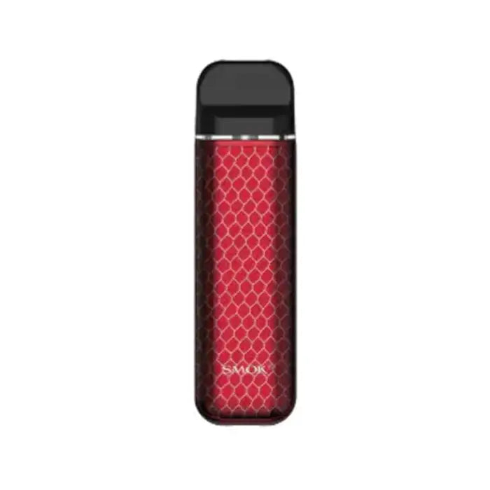 Red electronic vaping device with a scale-like pattern on its body.