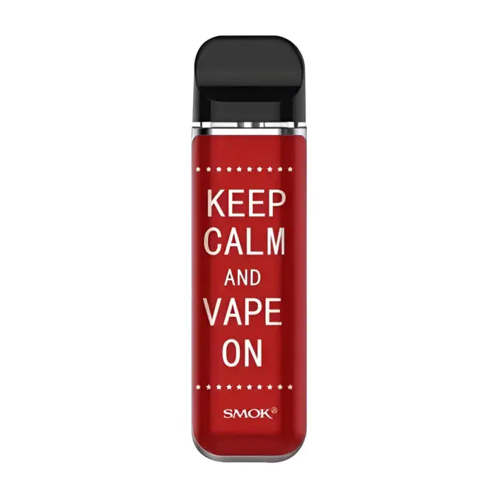 Red electronic vaping device with ’KEEP CALM AND VAPE ON’ text printed on it.