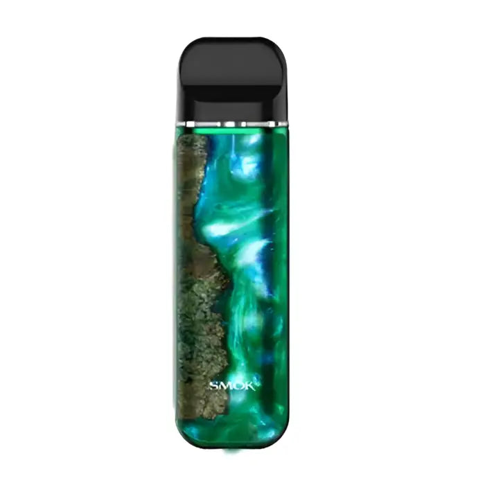 Sleek electronic vaping device with a green marbled pattern body and black mouthpiece.