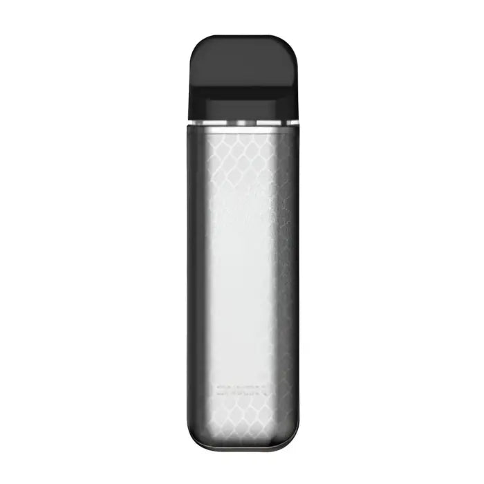 Sleek silver and black electronic vaping device or e-cigarette.