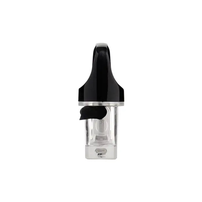 Vape cartridge or e-cigarette pod with a black mouthpiece and clear tank section.