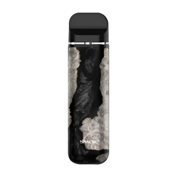 Vape device with a black and white marbled design on its body.