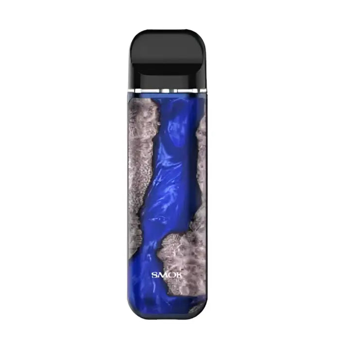 Vape device with a blue and gray marbled pattern on its body.