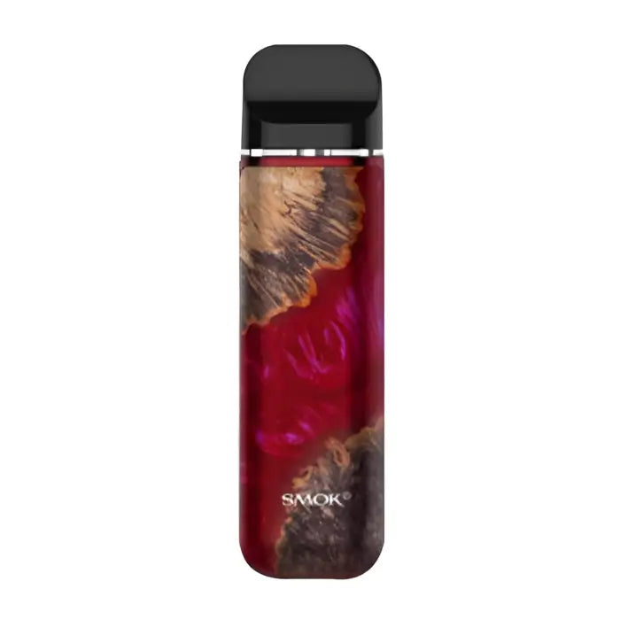 Vape device with a red and brown swirled pattern on its body.