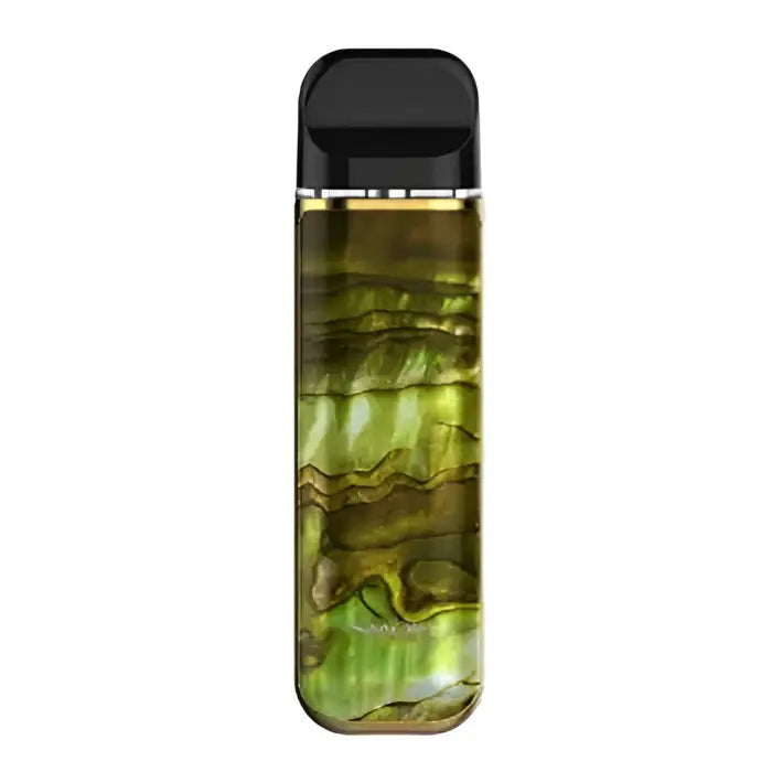 Vape pen or e-cigarette device with a swirled green and brown pattern on its body.