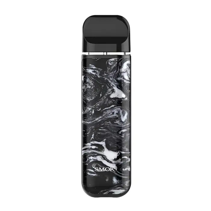 Vape pen or e-cigarette device with a black and white marbled pattern on its body.