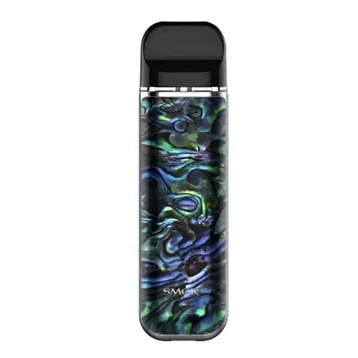 Vape pen or e-cigarette device with a colorful swirled pattern on its body.