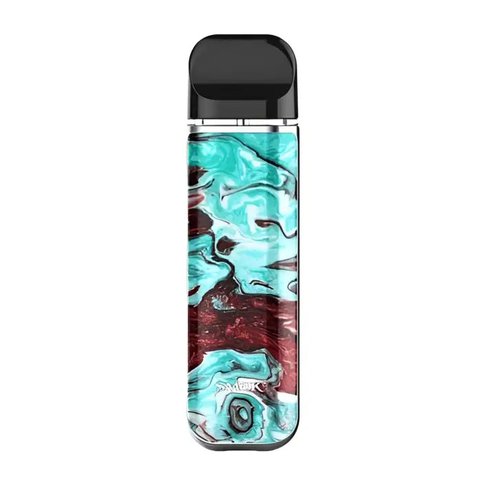 Vape pen or e-cigarette device with a swirled teal and burgundy pattern on its body.