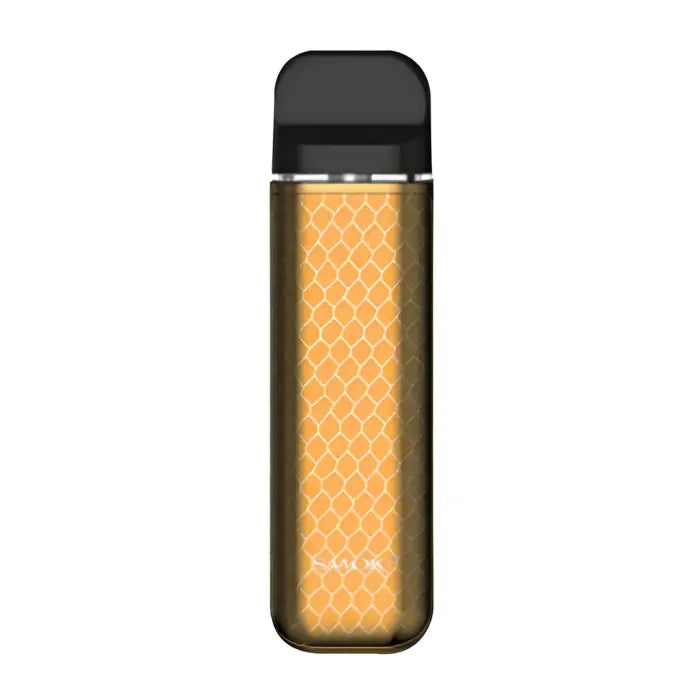 Vape pen or e-cigarette device with a golden honeycomb-patterned body and black mouthpiece.