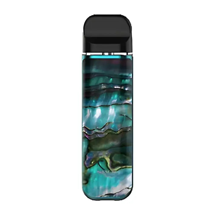 Vape pen or e-cigarette device with a swirling blue-green marbled pattern on its body.