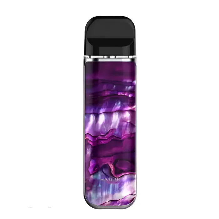 Vape pen or e-cigarette device with a swirled purple and pink design on its body.