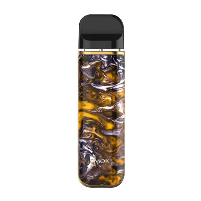 Vape device with a swirled gold and purple pattern on its body.