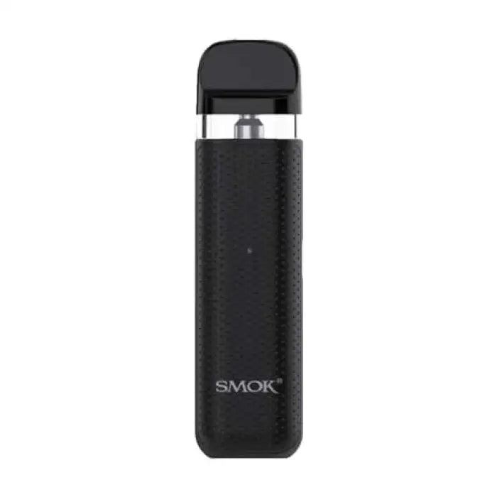 Black cylindrical electronic cigarette or vaping device with ’SMOK’ branding.