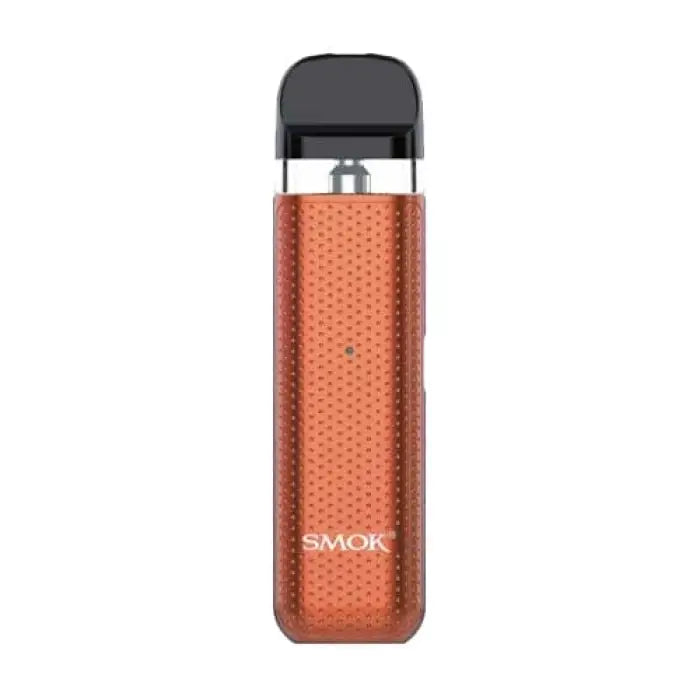 Sleek orange vape pen with a textured surface and black mouthpiece.