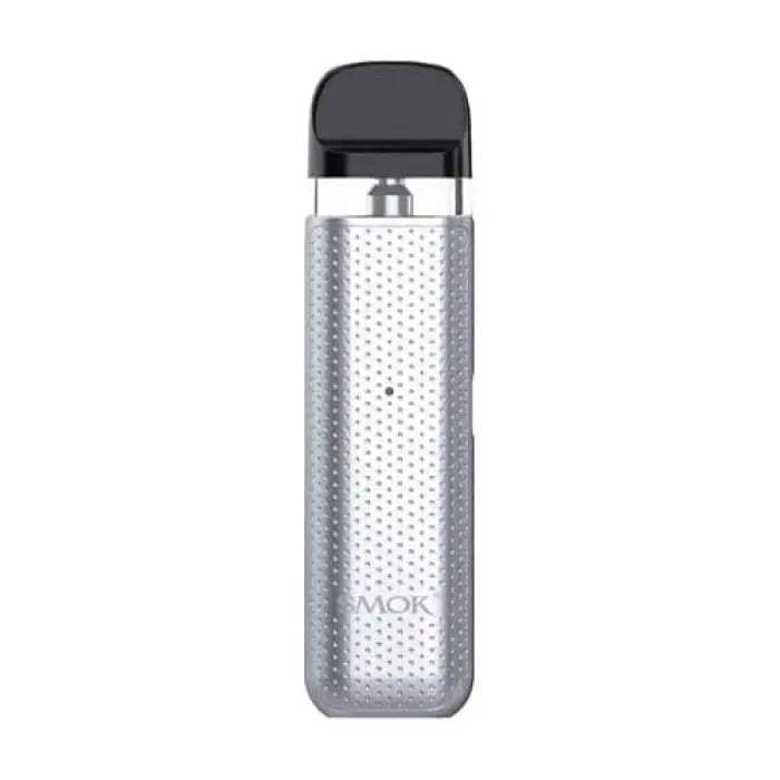 Sleek silver electronic vaping device with a textured surface and black mouthpiece.