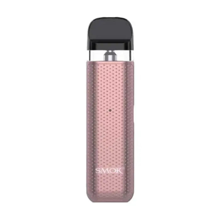 Pink textured vape pen or e-cigarette device with a clear mouthpiece and black cap.