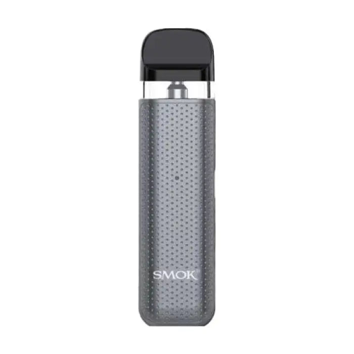 Sleek gray electronic cigarette or vaping device with a textured surface and ’SMOK’ branding.