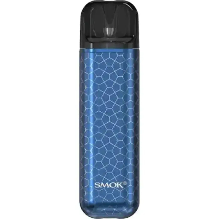 Blue electronic vaping device with a honeycomb-like pattern on its body.